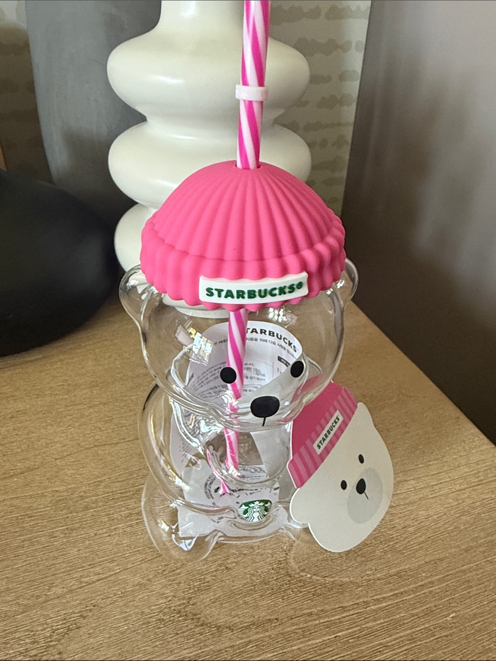 Starbucks Clear Bear Cup with Pink Lid and Striped Straw